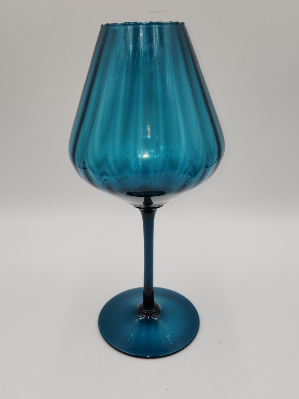 Empoli Italian Art Glass peacock blue Long Stem Ribbed Brandy Snifter 14” Tall